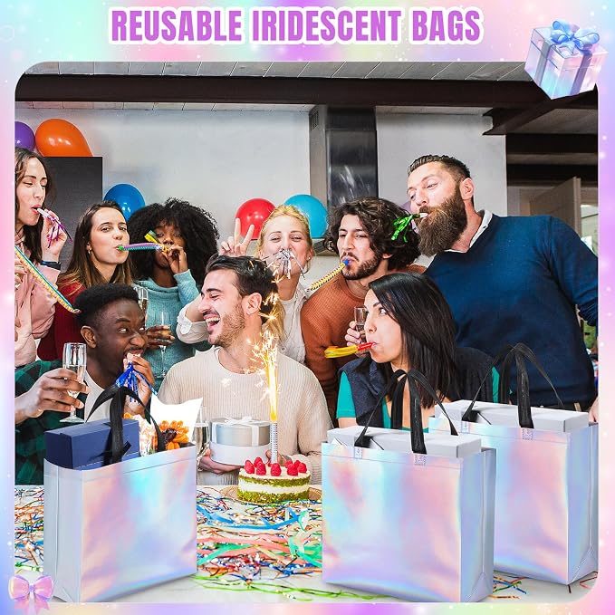 Eccliy Reusable Gift Bags Set Glossy Grocery Gift Tote Bag with Handle for Wedding, Bridal Shower, 4th of July, Summer Event(12 x 11 x 4.7 I Inch,Rainbow,80 Pcs)