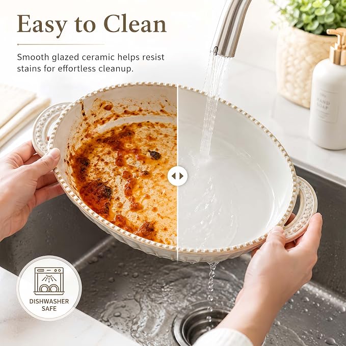 Casserole Dish for Oven, Ceramic Baking Dishes Set, Oval Hobnail Bakeware Set of 3, 9.25"/12.28"/14.37" Baking Dishes with Handle, Deep Lasagna Pan for Roasting, Holiday Dinner, Wedding Gifts, Arctic White