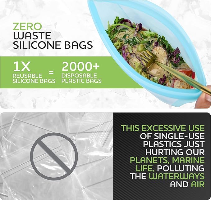 Zip Standing Reusable Blue and WhiteSilicone Food Storage Bag, Stand Up Food Storage Container, Reusable Zipper seal bag, no lid required, for Food Storage& Meal Prep, Freezer Oven Dishwasher - Safe,