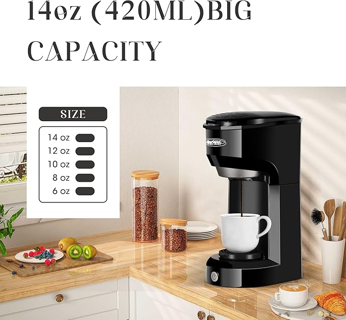 SUNVIVI Coffee Maker, Single Serve Brewer for Single Cup, One Cup Coffee Maker With Permanent Filter, 6oz to 14oz Mug, One-touch Control Button with Illumination, Black (ETL Certified)