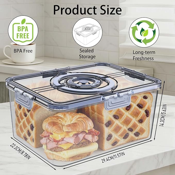 Bread Box with Lid and Handle,2026 New Upgrade Time Recording Bread Storage Container for Kitchen Counter Airtight,Portable Large Bread Boxes for Homemade Breads, Toast, Bagel, Donut and Cookies
