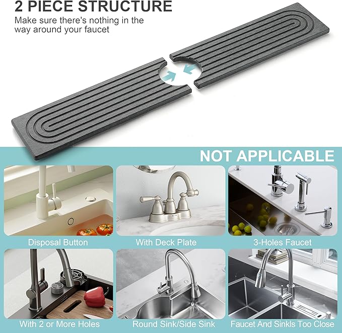 Faucet Mat for Kitchen Sink, Diatomite Fast Drying Stone Sink Tray, Super Absorbent, Prevents Moisture Buildup - Faucet Splash Guard for Bathroom Counter, Kitchen [Dark Grey, 23.6" x 3.9"]