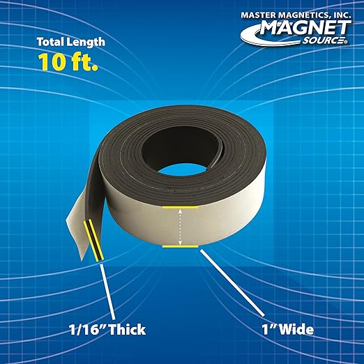 Master Magnetics Flexible Magnetic Strip with Adhesive Back - 0.06" Thick, 1" Wide, 10 Feet Long, 1 Roll, 07019