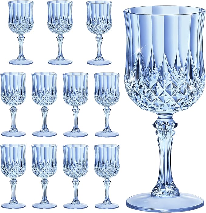 7OZ Plastic Wine Glasses, Reusable Vintage Goblets Unbreakable Drinking Glasses Crystal Water Cups Champagne for Wedding, Parties (12, Blue)