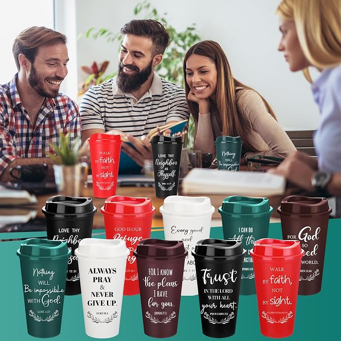 Skylety 60 Pack Bulk Christian Gifts for Men Women 16oz Reusable Bible Verse Tumbler Plastic Coffee Cup with Lid Inspirational Religious Church Gift for Teacher Graduation Party Favor (Classic Color)