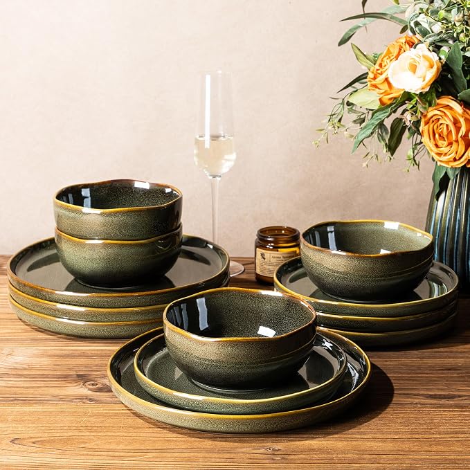 TheTerra Ceramic Dinnerware Sets for 4, 12 Pieces Porcelain Lightweight Plates and Bowls Sets, Scratch Resistant Dish Set, Oven & Microwave & Dishwasher Safe, Olive Moss