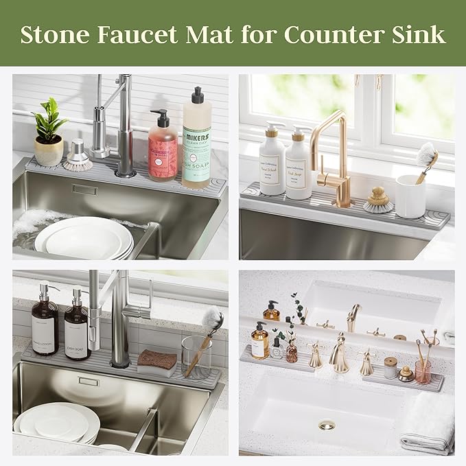 Faucet Mat for Kitchen Sink, 23.6" Diatomite Drying Stone Mat Protector, Sink Faucet Mat Splash Guard, Absorbing Stone Tray for Kitchen Bathroom Counter