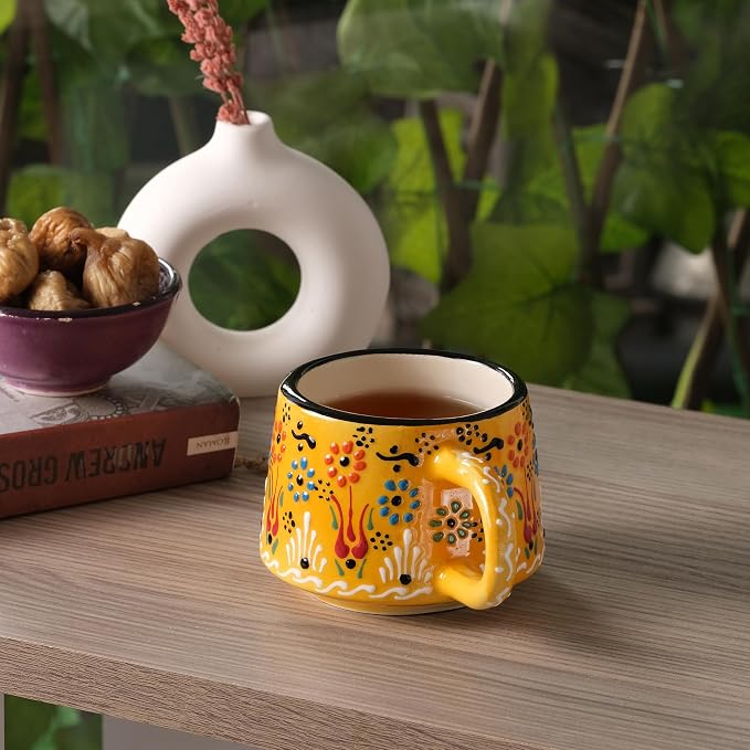 BCS 6 Oz Cappuccino Cups Set of 2, Ceramic Coffee & Tea Mugs, Colorful Handmade Cups, Dishwasher & Microwave Safe Ceramic Mugs (3 Inches, Yellow - Navy Blue)