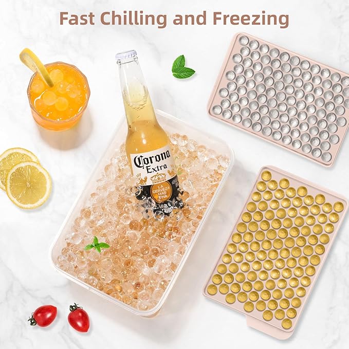 WIBIMEN Mini Ice Cube Trays, 0.55” Tiny Pebble Ice for Iced Coffee & Cocktails, Fast Chill, Easy Twist Release, Stackable with Lid & Storage Bin (4 Pack, Pink)