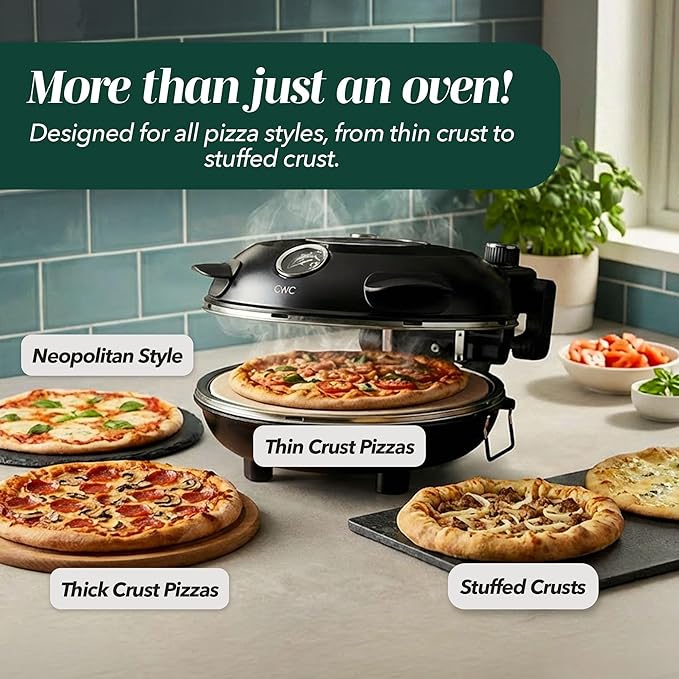 Cook With Color Electric Countertop Pizza Oven, Indoor Crispy Crust Pizza Maker, 12 Inch Pizza Oven with Ceramic Stone, Heats up to 800°F, Dual Temperature Control, Includes Pizza Peel, Black