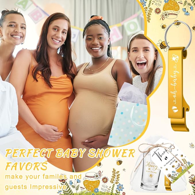 50 Sets Baby Shower Favor for Guests Acrylic Shot Glasses with Bottle Opener Keychains Thank You Tags and Bags Gender Reveal Party Favors for Guest Baby Shower Return Gift(Bee)
