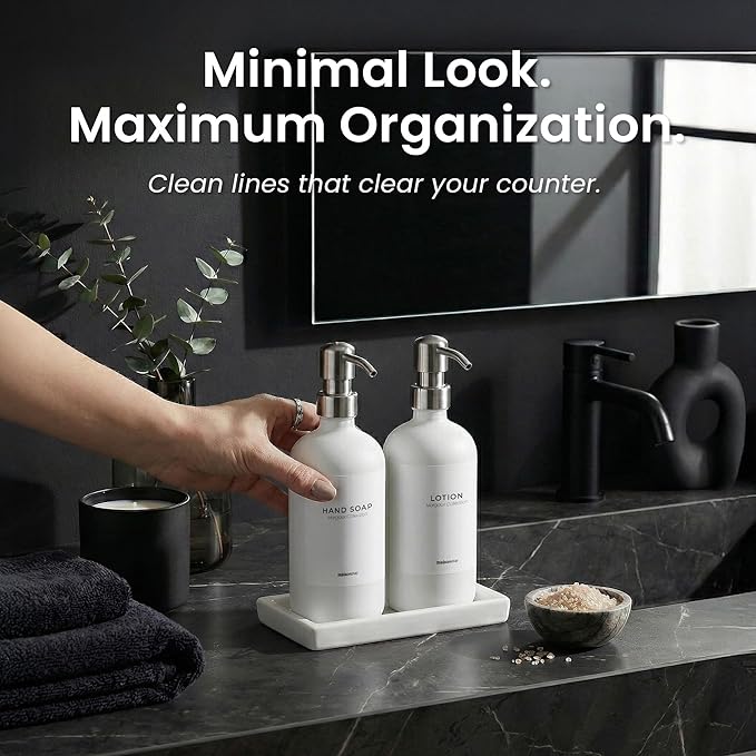 MaisoNovo Soap and Lotion Dispenser Set - Bathroom Soap Dispenser Set with White Soap Dispenser, Silver Pumps & Concrete Tray