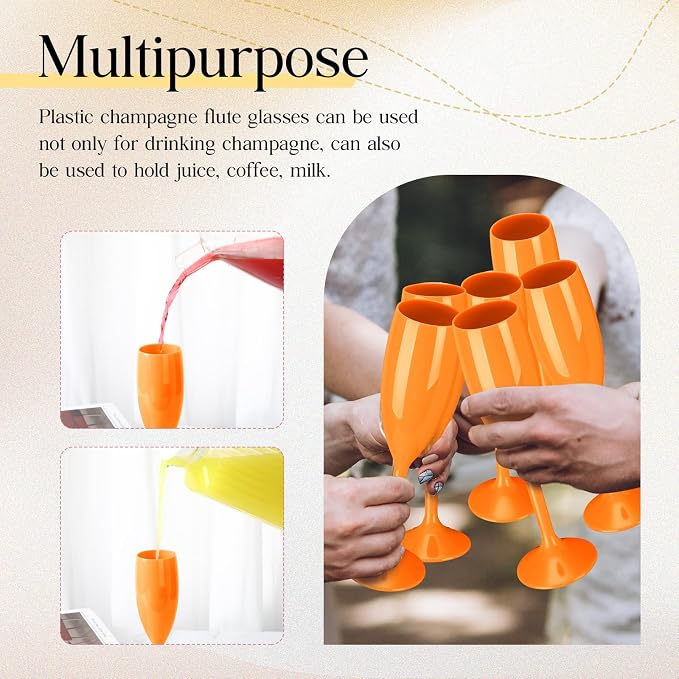 Maxcheck 24 Pcs Champagne Flutes Bulk Acrylic Toasting Drinking Flute Unbreakable Goblet Champagne Cups 6 oz Plastic Wine Glasses for Mother's Day Wedding Bridal Shower Anniversary Party (Orange)