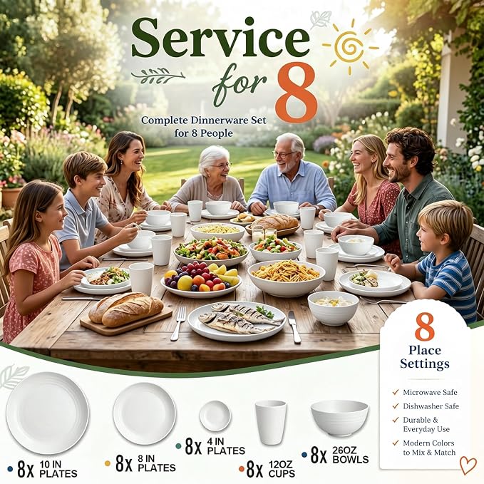 Wrova 40PCS Modern Plates and Bowls Sets Service for 8, Unbreakable Wheat Straw Dinnerware Sets Microwave Safe, Reusable Deep Dinner Plates/Cereal Bowls/Sauce Dishes/Cup Sets for Kitchen,Party- White