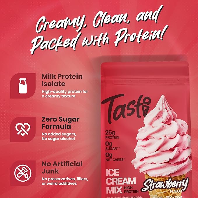 TASTI High-Protein Ice Cream Mix - Strawberry Flavor Low Sugar Ice Cream Powder - Made for Ninja Creami, Soft Serve Mix with 25g Protein, Sugar Free, 0g Net Carbs