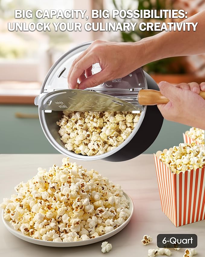 Cook N Home Stovetop Popcorn Popper with Crank, 6-Quart Aluminum Popcorn Pot, Black