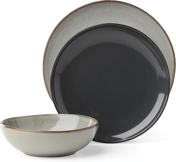 Oneida Dinnerware Sets, Organic Shades Gray 12-Piece Dinnerware Set, Set for 4, Service For 4, Stoneware Material, Dishwasher and Microwave Safe, Plates And Bowls, Dinner Dishes, Home (Gray, 12 Piece)