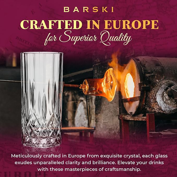 Barski Highball Glass - Drinking Glasses - Set of 4 - Hiball Tumblers - Glass Crystal Tumbler - for Water, Juice, Beer, Mixed Cocktails, Mojito Glass, Tom Collins Bar Glassware, 13 oz, Made in Europe