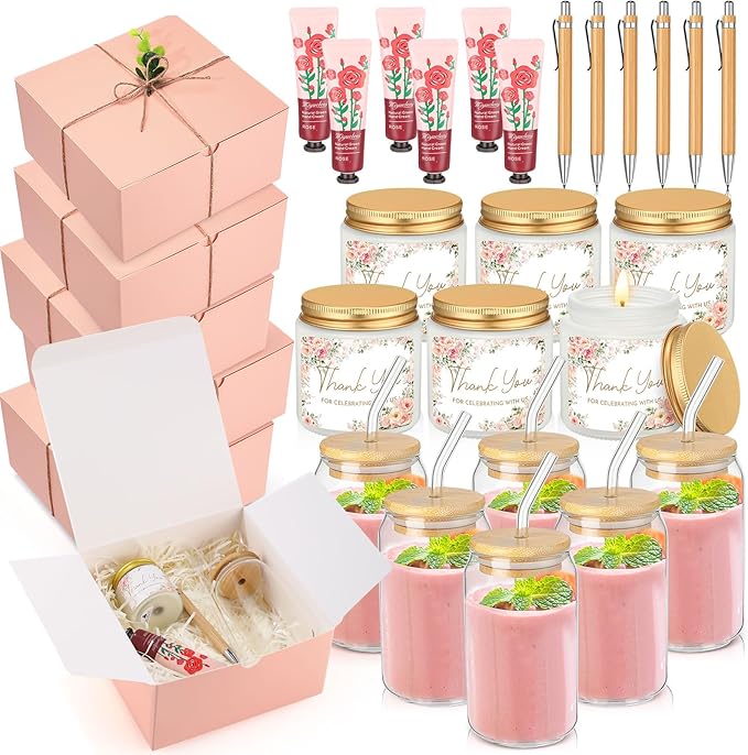 Reallnaive 6 Sets Baby Shower Prizes for Game Winners, Baby Shower Favors Including Glass Cup Scented Candles Hand Cream Pens Gift Box with Raffia for Gender Reveal Wedding Bridal Party Prizes(Pink)