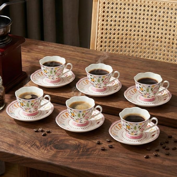 3oz Small Tea Cups & Saucers Set of 6, Floral Espresso Cups With Scalloped Edge, Ceramic Demitasse Cup for Coffee, Latte, Espresso Shot Mug for Espresso Machine, Women Gifts for Mother's Day, Birthday