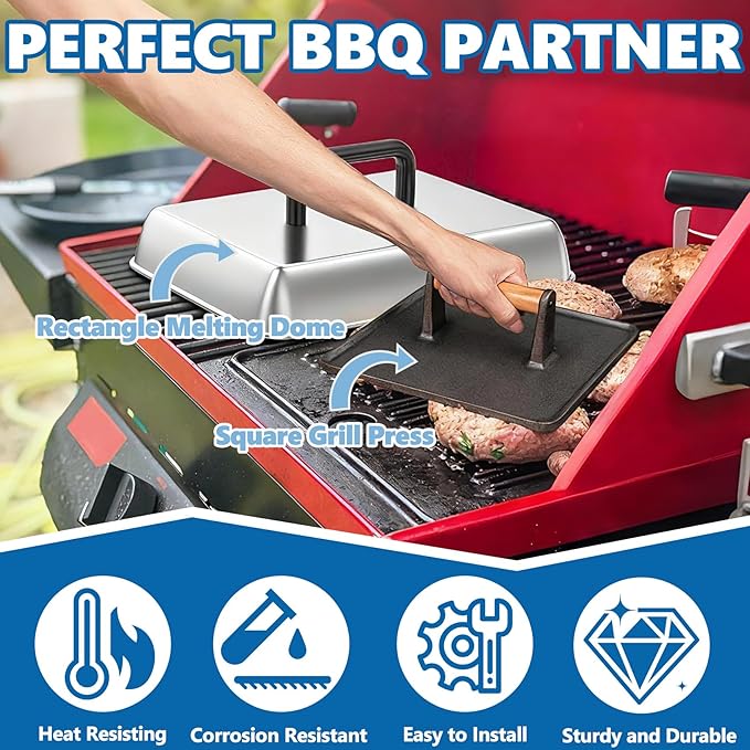 SafBbcue 14" Stainless Steel Rectangle Cheese Melting Domer Basting Cover & Cast Iron Rectangle Griddle Smash Burger Grill Weight Press for Blackstone, Pitboss, Camp Chef Flat Top Grills Accessories