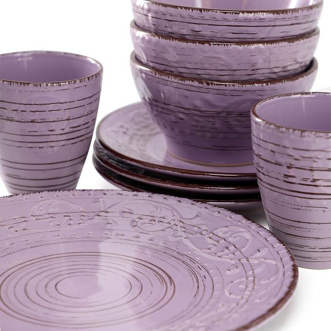 Elama Malibu Mica 16-Piece Stoneware Embossed Pattern Reactive Glaze Purple Dinnerware Set, Tableware, Serveware Set (Mica Purple)