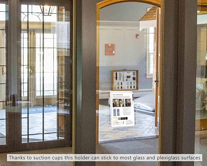 Marketing Holders 4 Pack Suction Cup Postcard Holder for 4" Wide Brochures Clear Acrylic Window or Glass Wall Mount Literature Display for Reception Areas Offices and Libraries