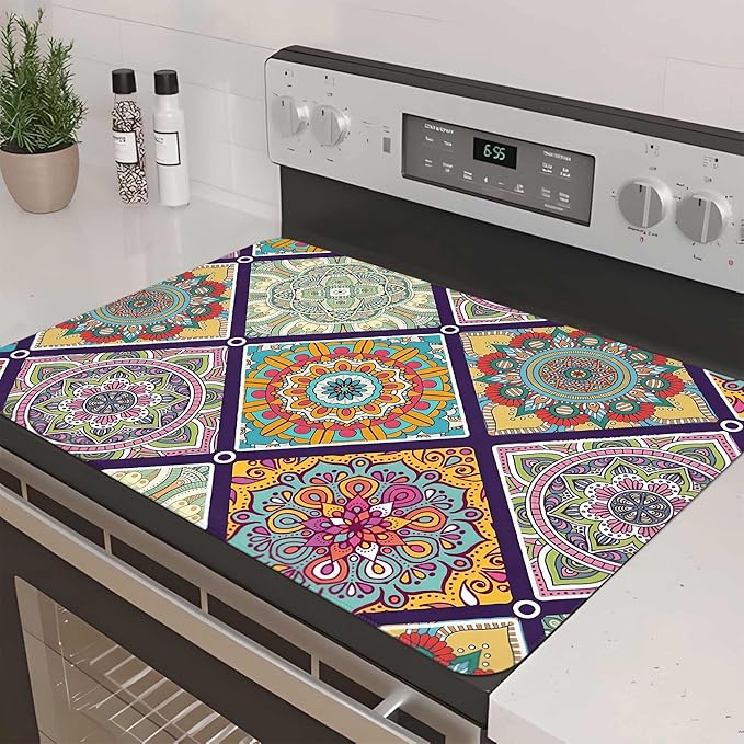 Decorative Stove Top Covers for Electric Stove 28"x20" – Heat Resistant Glass Cooktop Protector Dish Drying Mat – Non-Slip Rubber Backing Washer Top Cover Waterproof Extra Counter Space (Boho)