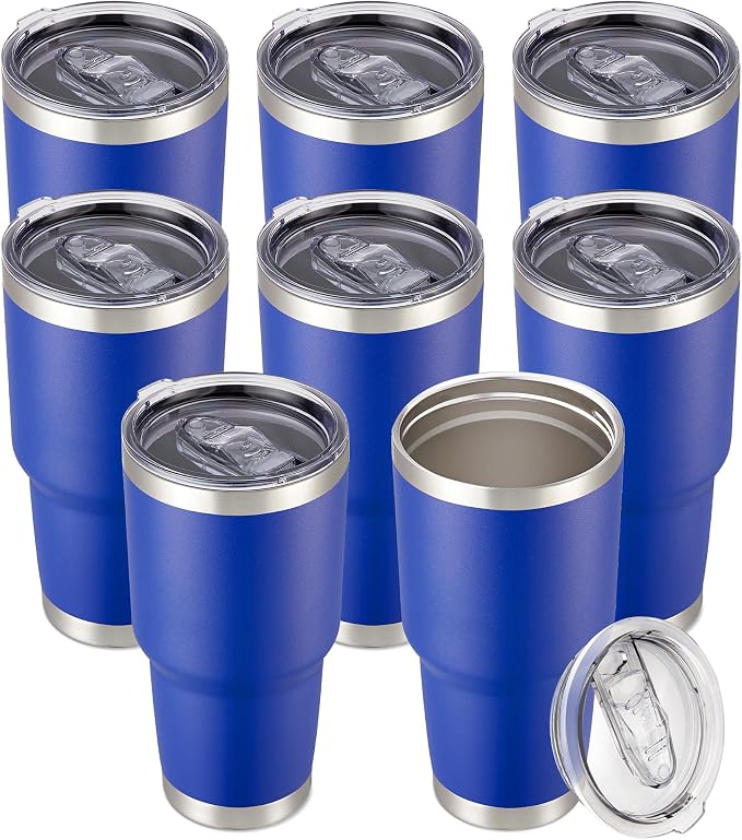30 oz Tumbler with Lid Stainless Steel Tumblers Bulk Vacuum Insulated Cup Reusable Powder Coated Travel Mug Double Wall Leak Proof Cups Keep Cold Drinks for 12 Hours Blue, Set of 8