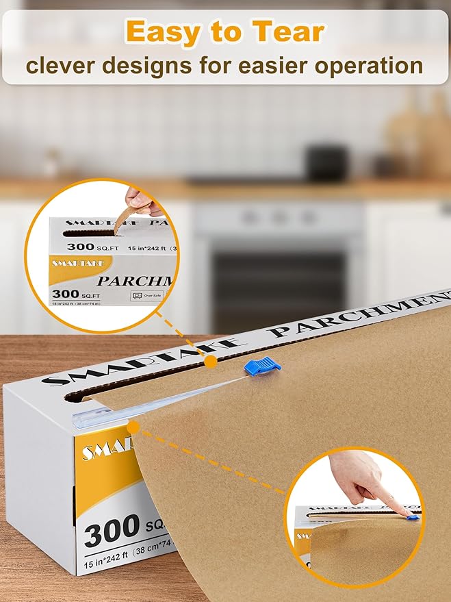 SMARTAKE Parchment Paper Roll for Baking, 15 in x 242 ft, 300 sq.ft, Non-Stick Baking Paper Sheets with Slide Cutter, Heavy Duty Extra Long, for Kitchen Baking Cooking Grilling Steaming, Unbleached