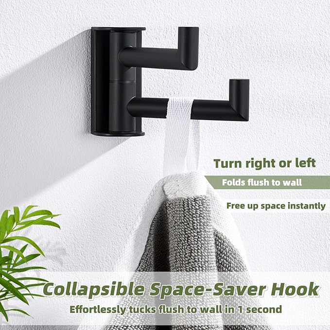 APLusee Swivel Towel Hook 2 Arms Matte Black, 304 Stainless Steel Bathroom Double Towel Holder, Folding Robe Hook Wall Mounted