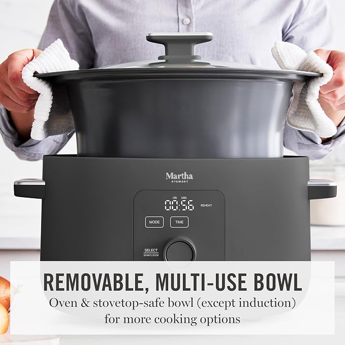 Martha Stewart 8 QT Slow Cooker, Programmable with Timer, 3 Heat Settings (Low, High, Warm), Nonstick Ceramic Removable Crock, Stovetop & Oven Safe, Glass Lid, Simmer, Reheat, Warm, Caviar