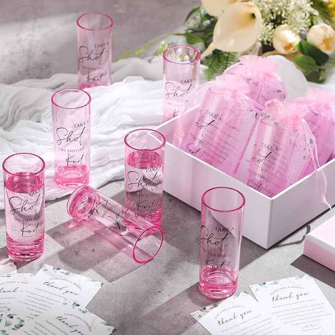 Sliner 50 Set Wedding Favors for Guests Bulk 2oz Acrylic Take a Shot We Tied the Knot Shot Glasses with Thank You Cards Organza Bags for Guest Souvenirs Wedding Newlyweds Bridal Shower Gifts (Pink)