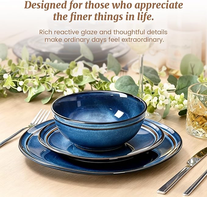 Plates and Bowls Sets 12 Pieces, Blue Reactive Glaze Dinnerware Set | Ceylon Blue Reactive Glaze Stoneware Dishes Service for 4, Handmade Dinnerware Scratch Resistant, Dishwasher Microwave Safe