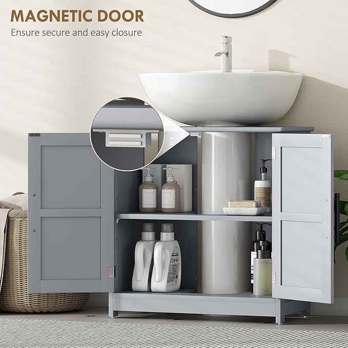 HOMCOM Pedestal Sink Storage Cabinet, Farmhouse Freestanding Bathroom Sink Cabinet with 2 Barn Doors and Adjustable Shelf, Dark Gray