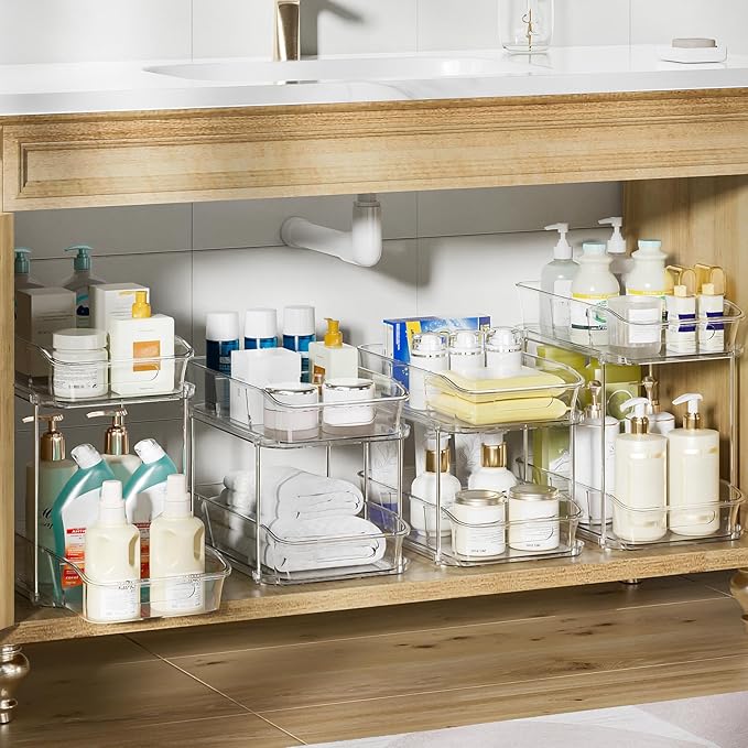 Delamu 4 Pack Bathroom Organizers and Storage, 2 Tier Clear Under Sink Organizer & Set of 4 Acrylic Cabinet Organizer Shelf for Kitchen