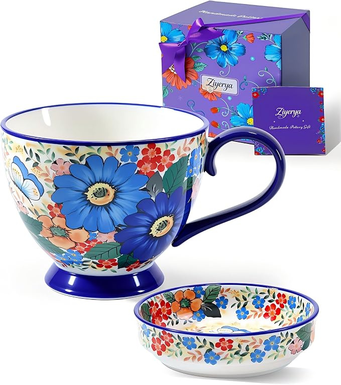 Hand-Painted Ceramic Soup Bowl with Handle & Lid, Large Coffee Mug | 17oz Polish Pottery Decorative Tea Cup & Saucer, Microwave Safe Cereal Bowl for Oatmeal, Ice Cream, Snacks, Gifts for Women
