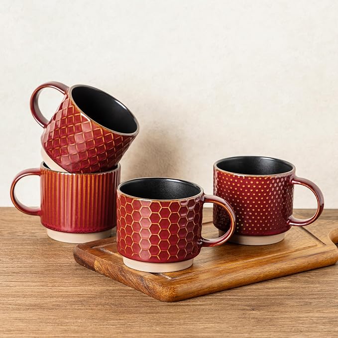 GBhome 8OZ Stackable Coffee Mugs, Ceramic Coffee Mugs with Texture Patterns for Man,Woman,Dad,Mom, Modern Coffee Cups Set of 4 for Espresso/Cappuccino. Dishwasher&Microwave Safe,Red