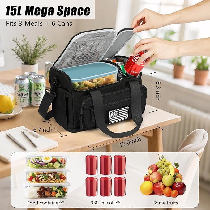 ETRONIK Tactical Lunch Box for Men, 15L Insulated Lunch Bag with Hot/Cold Compartments, Men's Lunch Box Fits 3 Meals + Snacks, Adult Lunch 8H Cooler Bags for Work, Hiking, Beach, Gym, Black