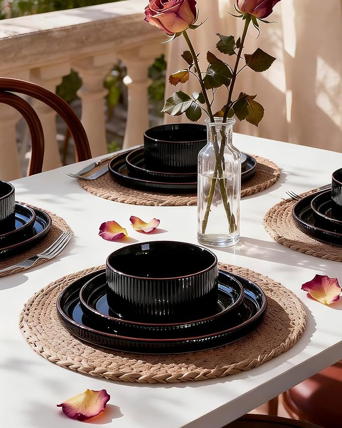18-Piece Plates and Bowls Set, Porcelain Dinnerware Sets for 6 Service, Modern Dish Set with Rust-Red Rim, Chip and Scratch Resistant, Dishwasher & Microwave Safe, Black