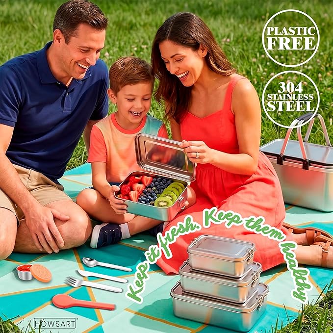 5 in 1 | Stainless Steel Bento Box & Silicone Case Cutlery Set & Salad Dressing Container – 3PCS Nesting Metal Lunch Box 19oz - 41oz - 81oz for Travel, Office – Food Storage Lunchbox for Adults