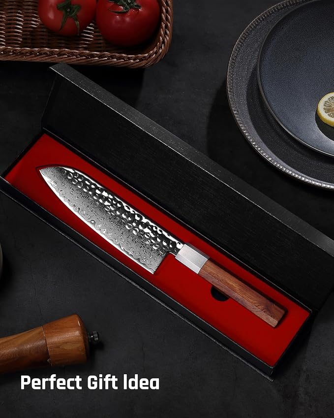 YOTSUBA 7" Damascus Japanese Santoku Chef Knife – Forged High Carbon Stainless Steel (60±2 HRC) – Ultra Sharp & Long-Lasting – Pro Chef Knife with Ergonomic Natural Hardwood Handle – Gift for Kitchen