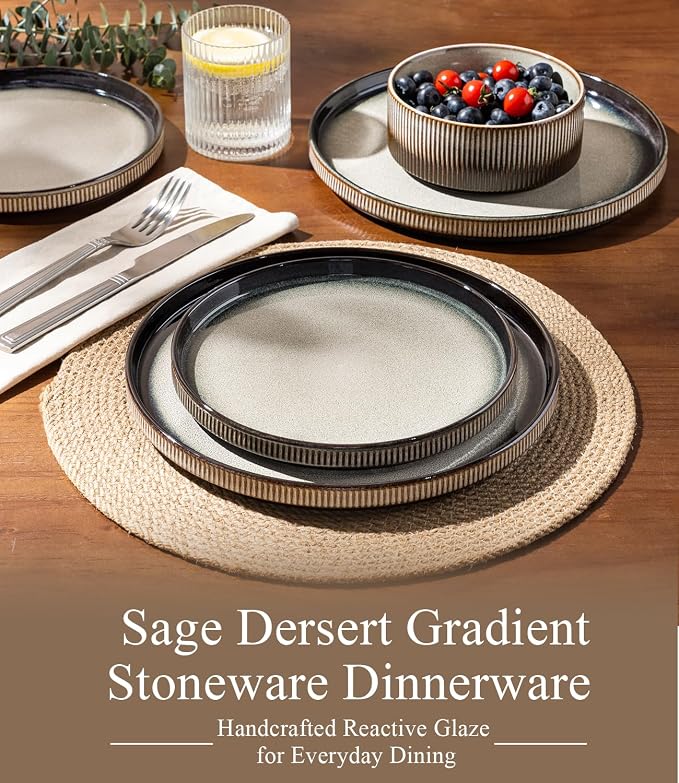 GBHOME 12-Piece Stoneware Dinnerware Set for 4 – Ribbed Ceramic Plates and Bowls, Scratch-Resistant, Microwave & Dishwasher Safe, Reactive Glaze, Sage Dersert Gradient