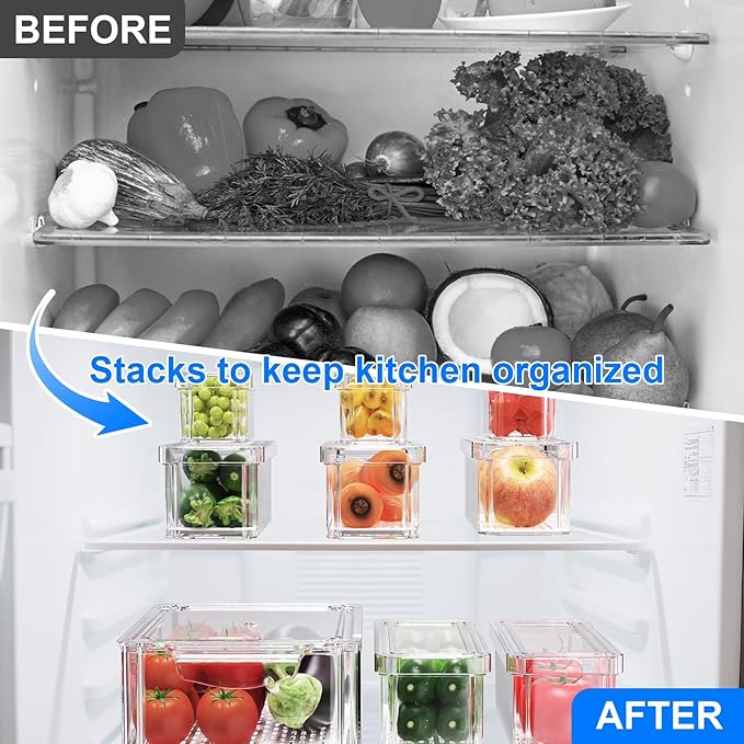 14 Pack Fridge Organizers and Storage, Clear Plastic Storage Bins with Lids , Stackable Food Containers with Drain Boards, Kitchen Organization and Storage, Produce Saver for Vegetables, Fruits, Meat