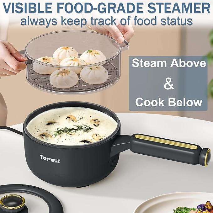 TOPWIT Hot Pot Electric with Steamer, 2L Multifunctional Electric Cooker, Non-Stick Sauté Pan, Portable Pot for Steak, Fried Rice, Ramen, Soup with Dual Power Control (Spatula Not Included), Grey