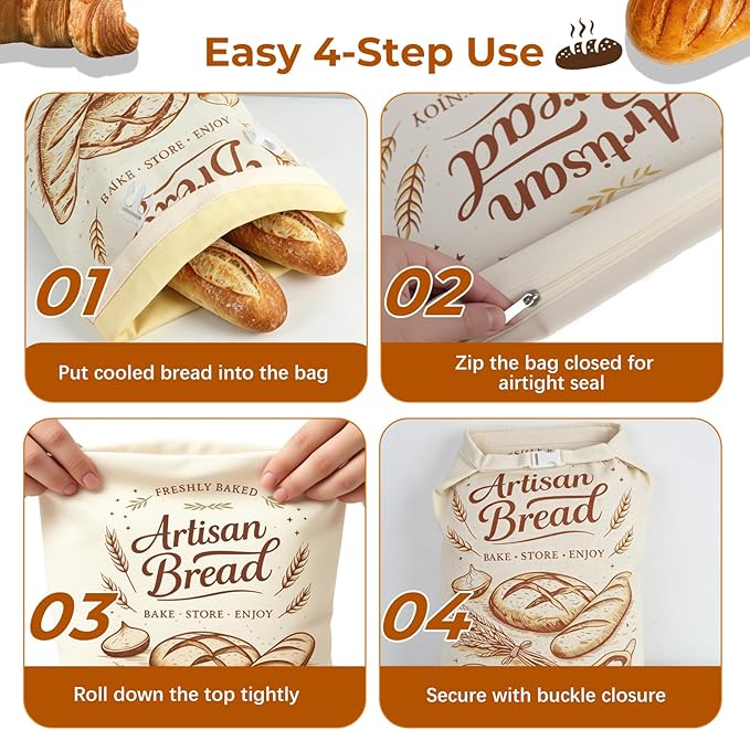 Beeswax Bread Bags for Homemade Bread, 2 Pack XL Sourdough Bread Bags with Zipper & Buckle Closure, Reusable Linen Bread Storage Bags for Artisan Loaves