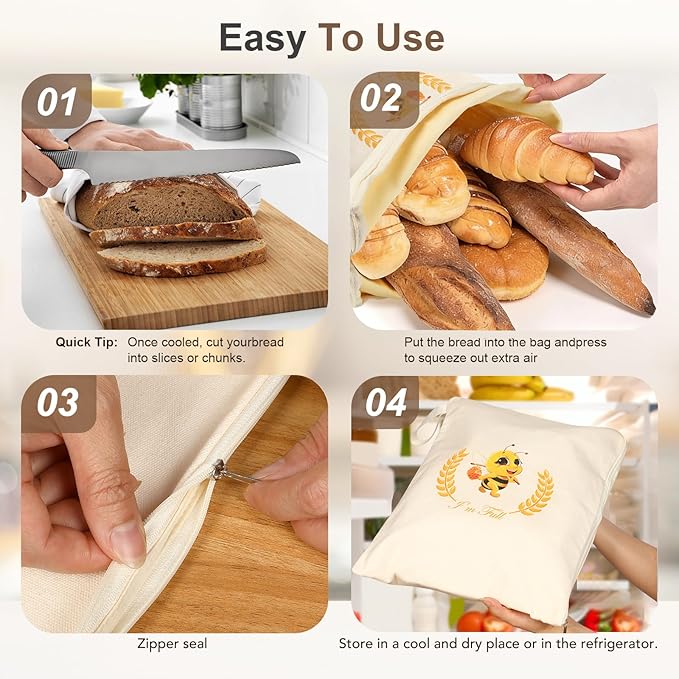 Beeswax Bread Bags, XL Reusable Linen Cotton Sourdough Bread Bag with Sealing Zip for Homemade Bread to Keep Fresh, 2 Pack