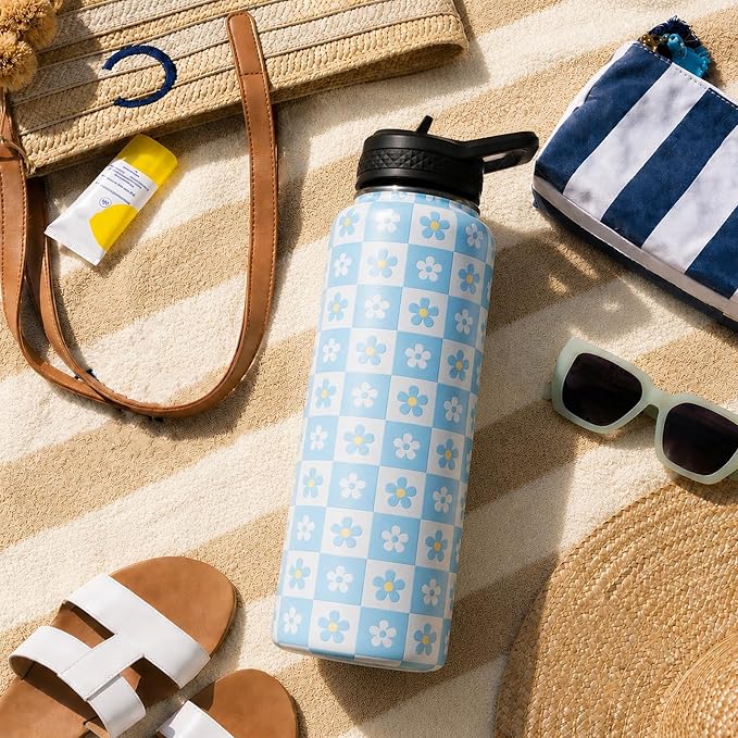 DYSANKY Water Bottle Gift– Insulated Stainless Steel Bottle with Carrier Bag, Strap & Gift Box – BPA-Free – Ideal for Hiking, Camping & Travel - Blue Plaid Flower 40 oz