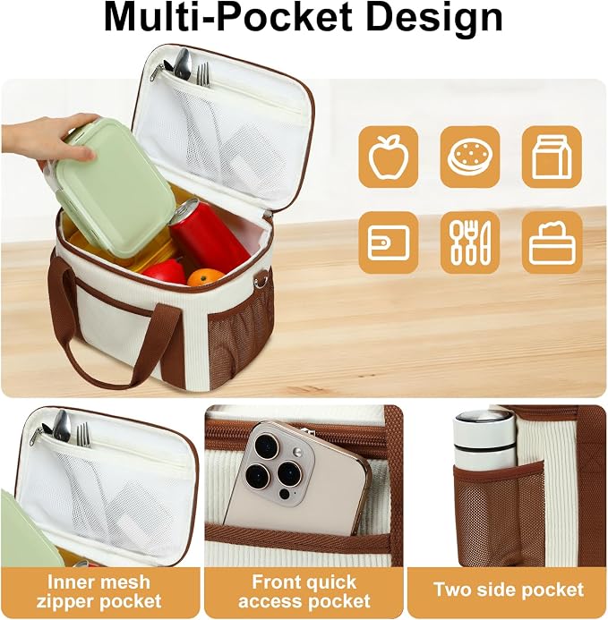 BTOOP Insulated Lunch Box for Women, Cute Corduroy Lunch Bag with Shoulder Strap, Leakproof Wide-Open Lunch Tote for Work, Office, School, Picnic, Cream
