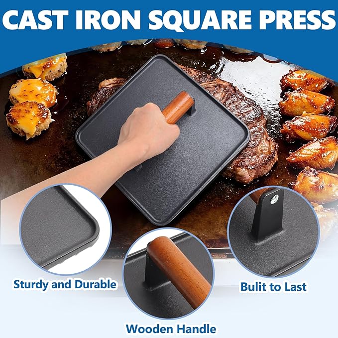 SafBbcue 10" Square Cast Iron Burger Press Smash Burger Griddle Weight Press for Blackstone, Pitboss, Camp Chef Flat Top Grills Accessories, Bacon Press for griddle for Grill Cooking Accessories, 2PCS